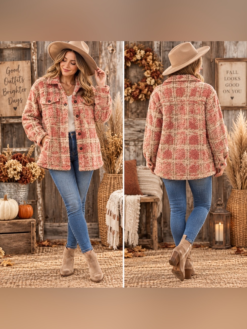 ILLA ILLA Pink and Cream Plaid Teddy Shacket